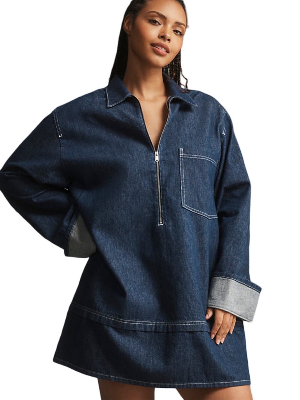 Pilcro Denim Mini Shift Dress featuring a half-zip neckline DARK WASH XL